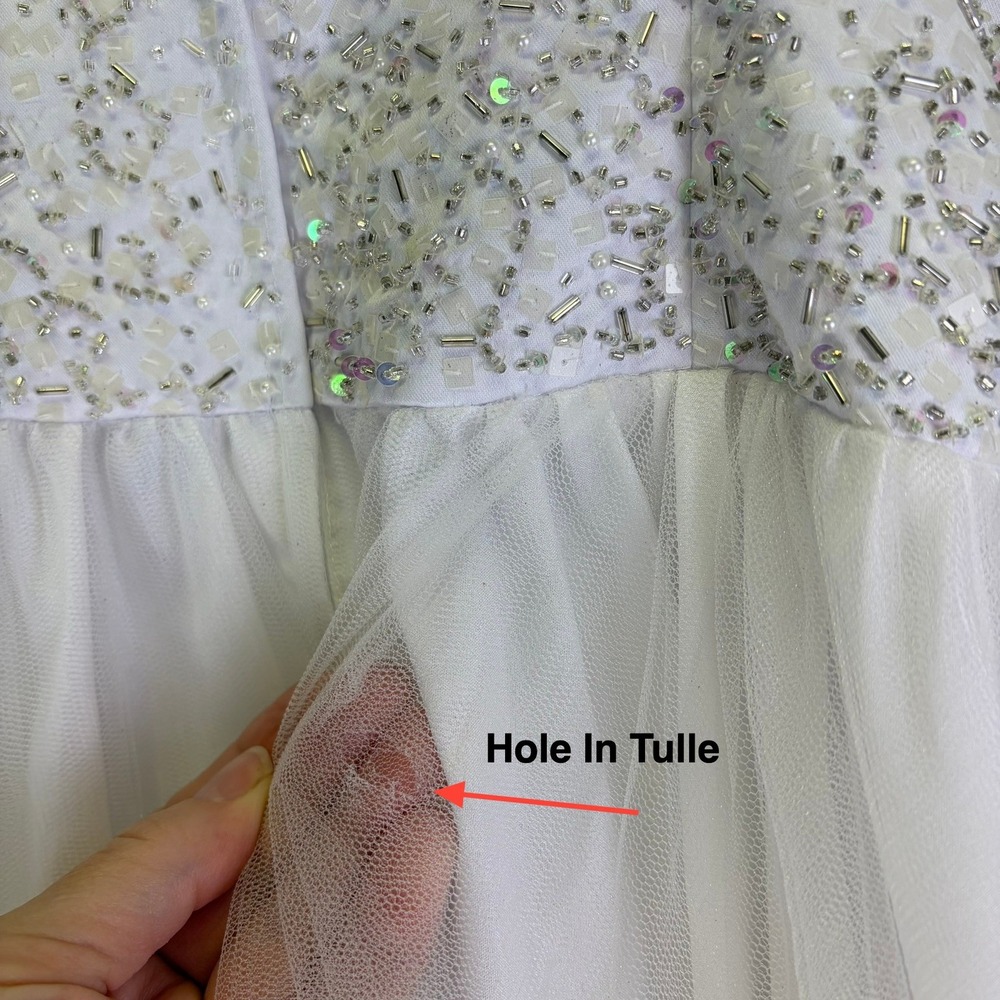 White Beaded Tulle Ball Gown Wedding Dress Basque Waist Strapless Size 12 Flaws - Picture 15 of 16
